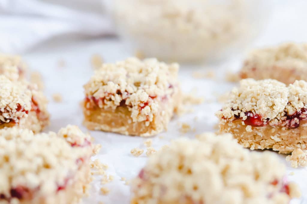 Peanut butter and jelly bars with a streusel topping