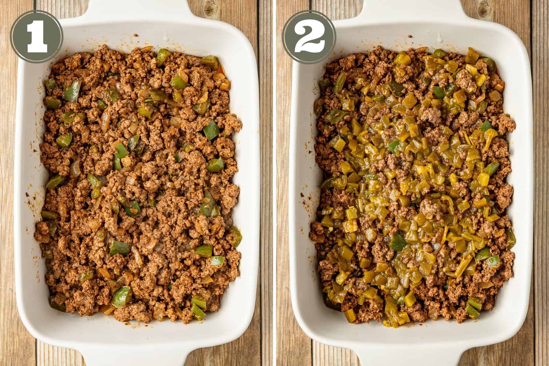 Side by side photos of process shots to make taco casserole including a casserole dish filled with browned ground beef.