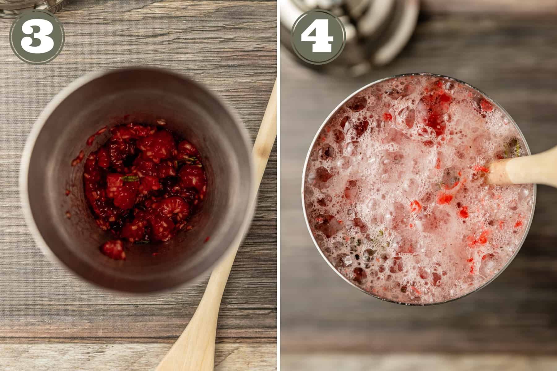 Two side by side process photos of a cocktail shaker with muddled raspberries and rosemary and sparkling water being added.