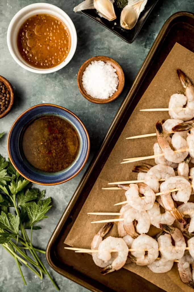 An overview shot of the ingredients needed for Whole30 Shrimp Skewers