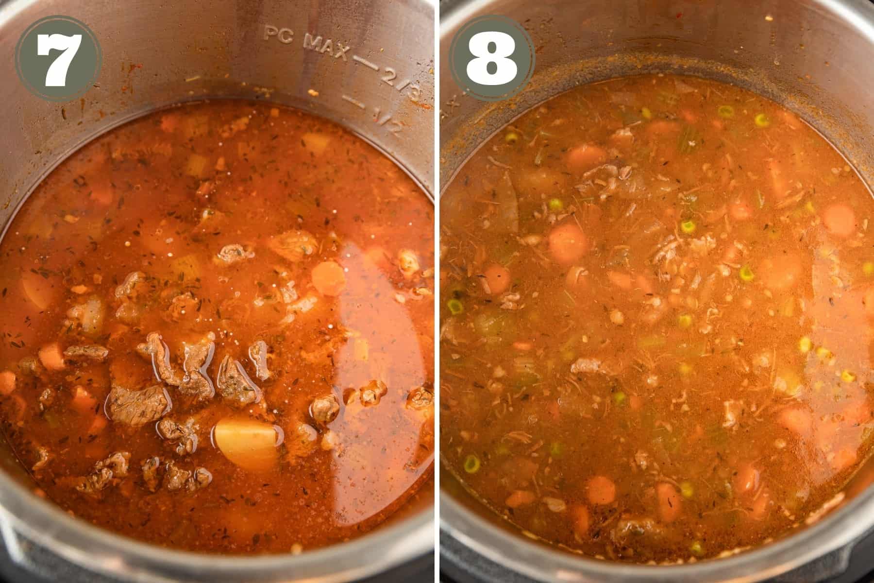 Side by side process shots of the steps to make beef stew including the stew after cooking.