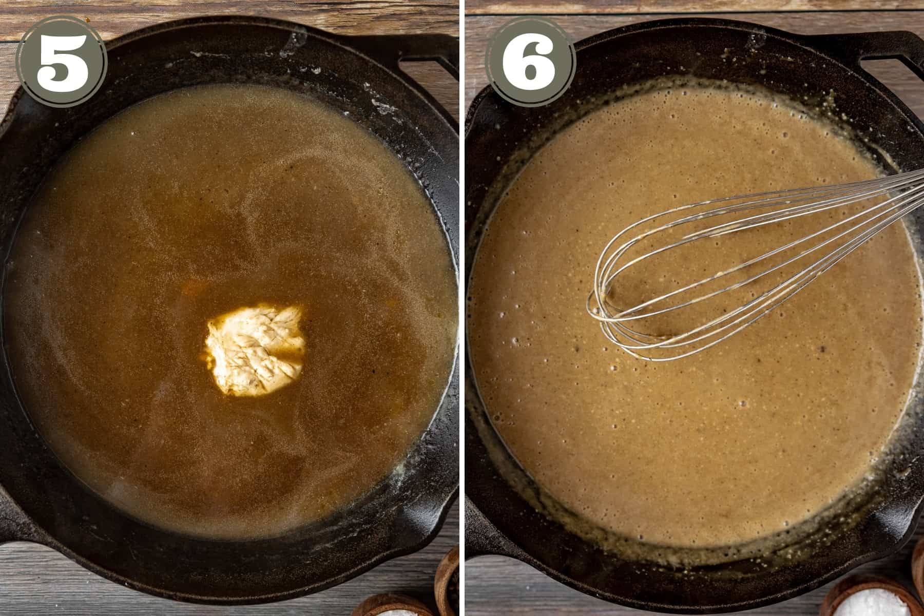 A side by side shot of the process to make gravy including adding and whisking in cashew butter.